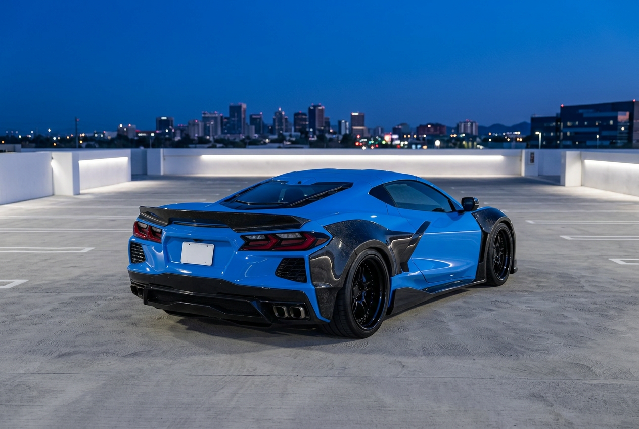 AI-created rooftop concept showing the blue and forged carbon C8 Corvette from a rear three-quarter angle