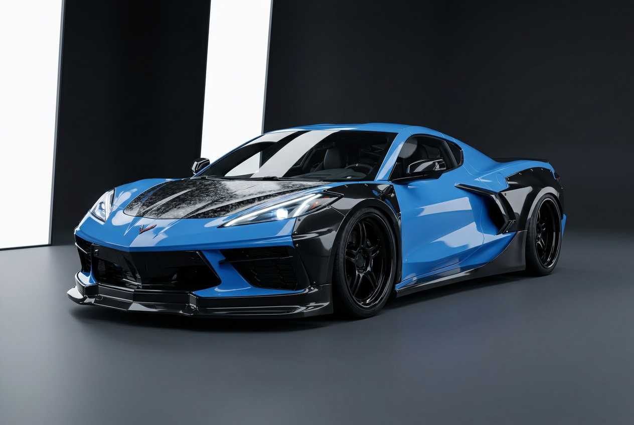 AI-created studio concept of the blue widebody C8 Corvette with a forged carbon hood finish