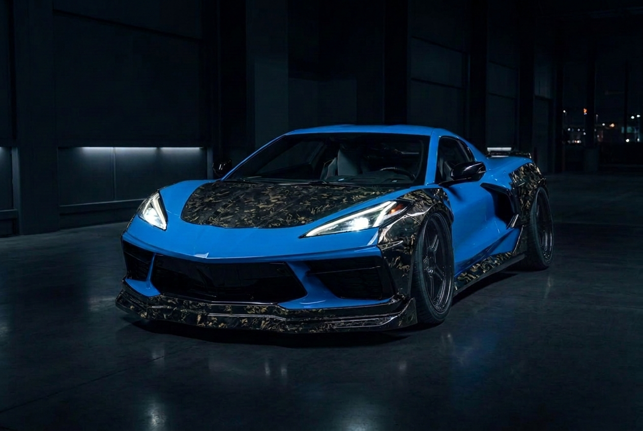 AI-created scene of the blue and forged carbon C8 Corvette with Rocket Bunny Pandem widebody slammed low with cambered wheels, against a dark night background