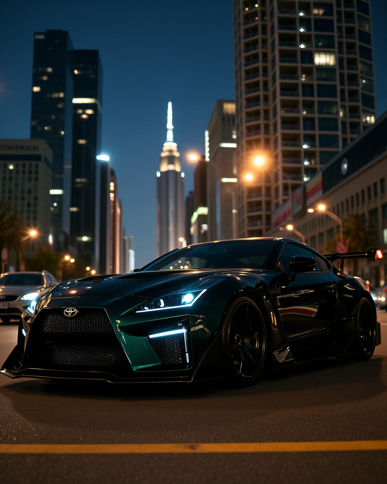 Tiffany-blue Corvette on a downtown street at night