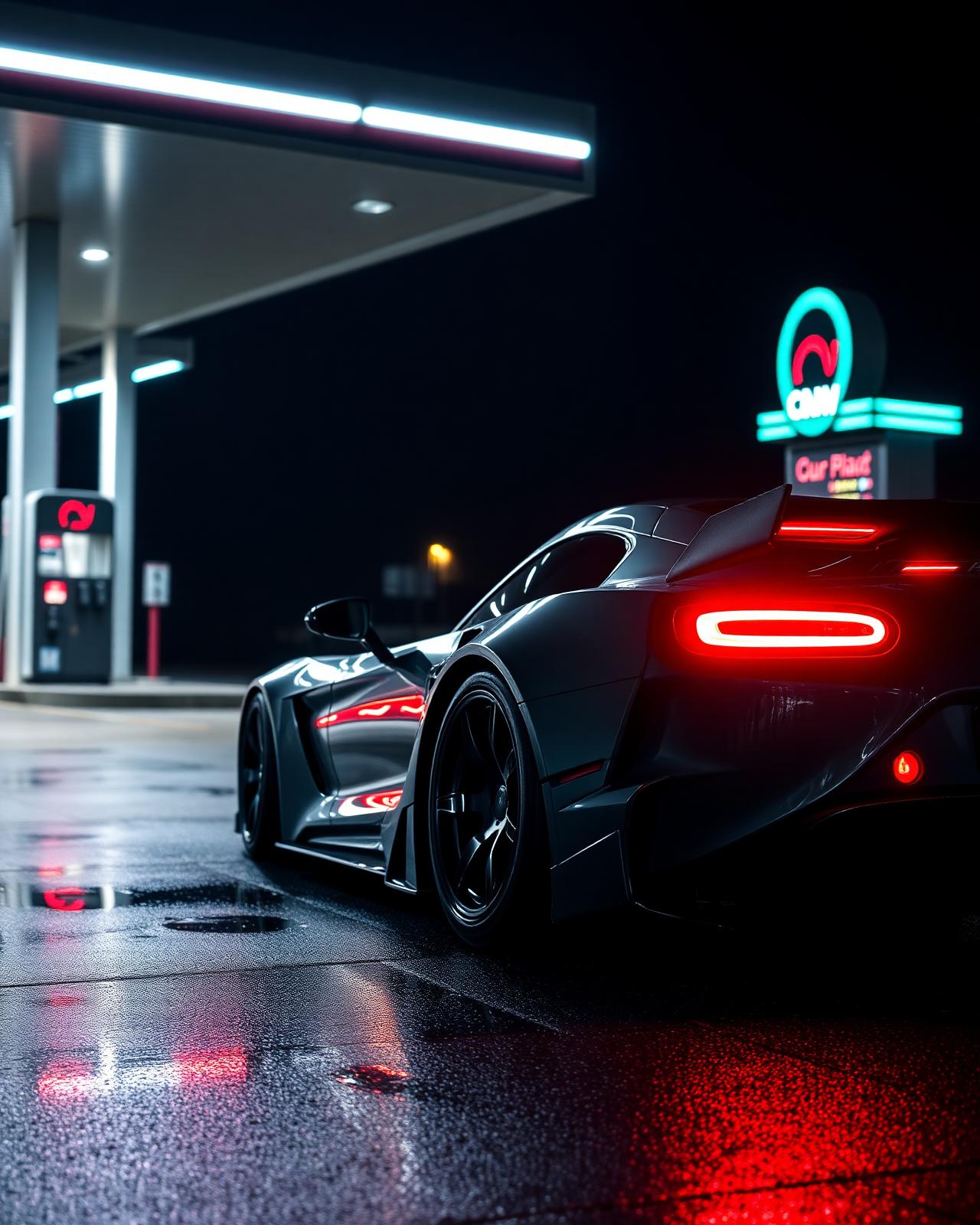 Tiffany-blue widebody Corvette at a neon-lit gas station at night
