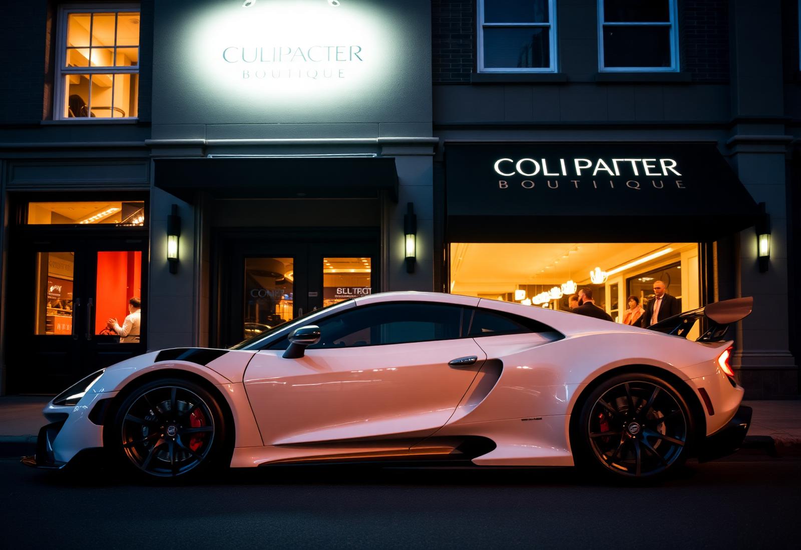 Tiffany-blue Corvette parked outside a luxury boutique storefront